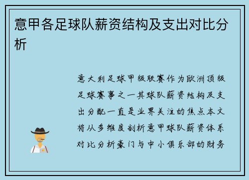 意甲各足球队薪资结构及支出对比分析